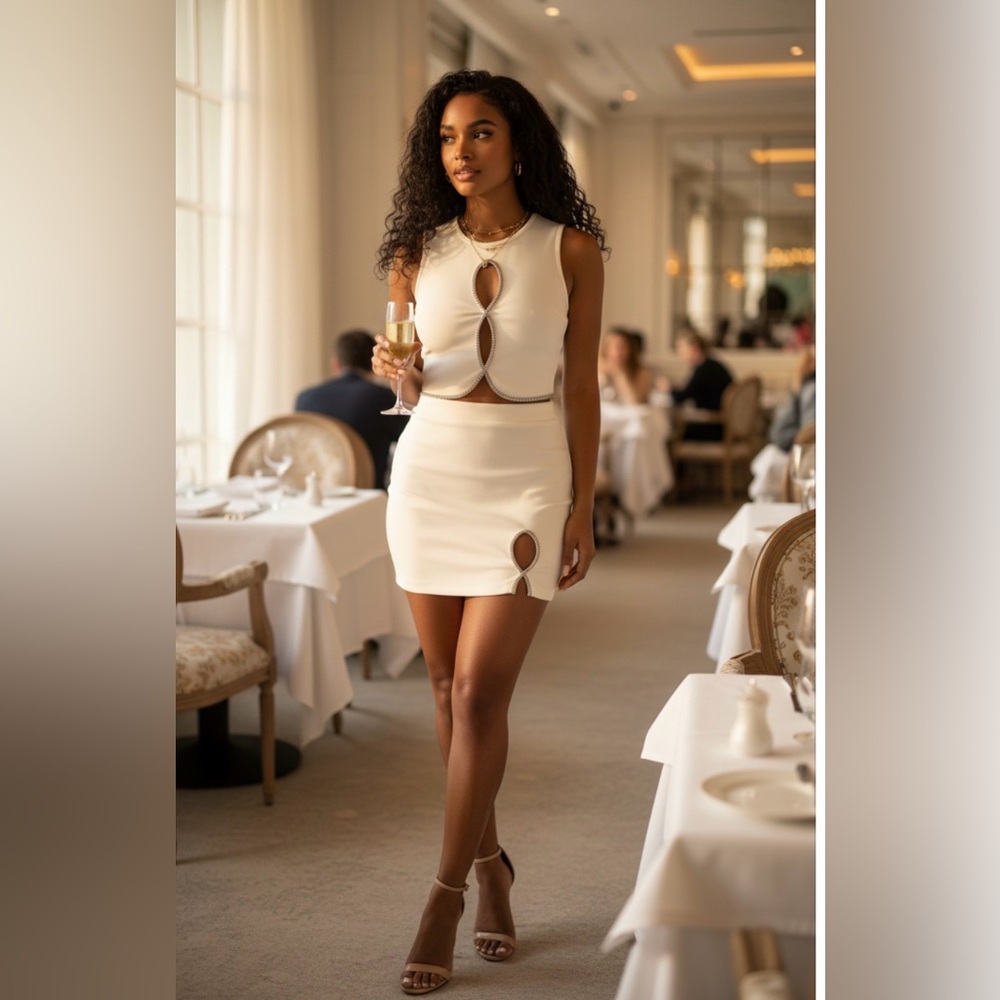 Ivory Crystal Cutout 2-Piece Stretch Skirt Set